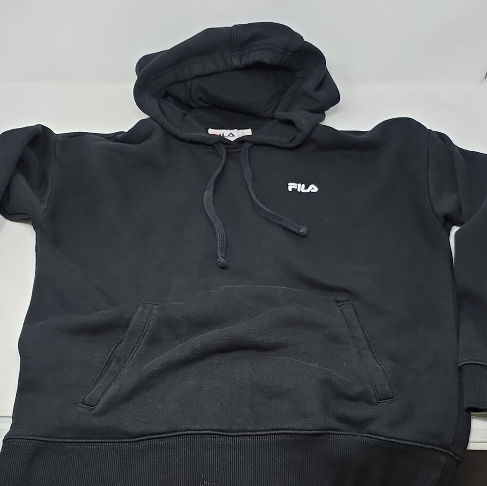 FILA Men’s Black S Pullover Hoodie Logo Kangaroo Pocket Drawstring